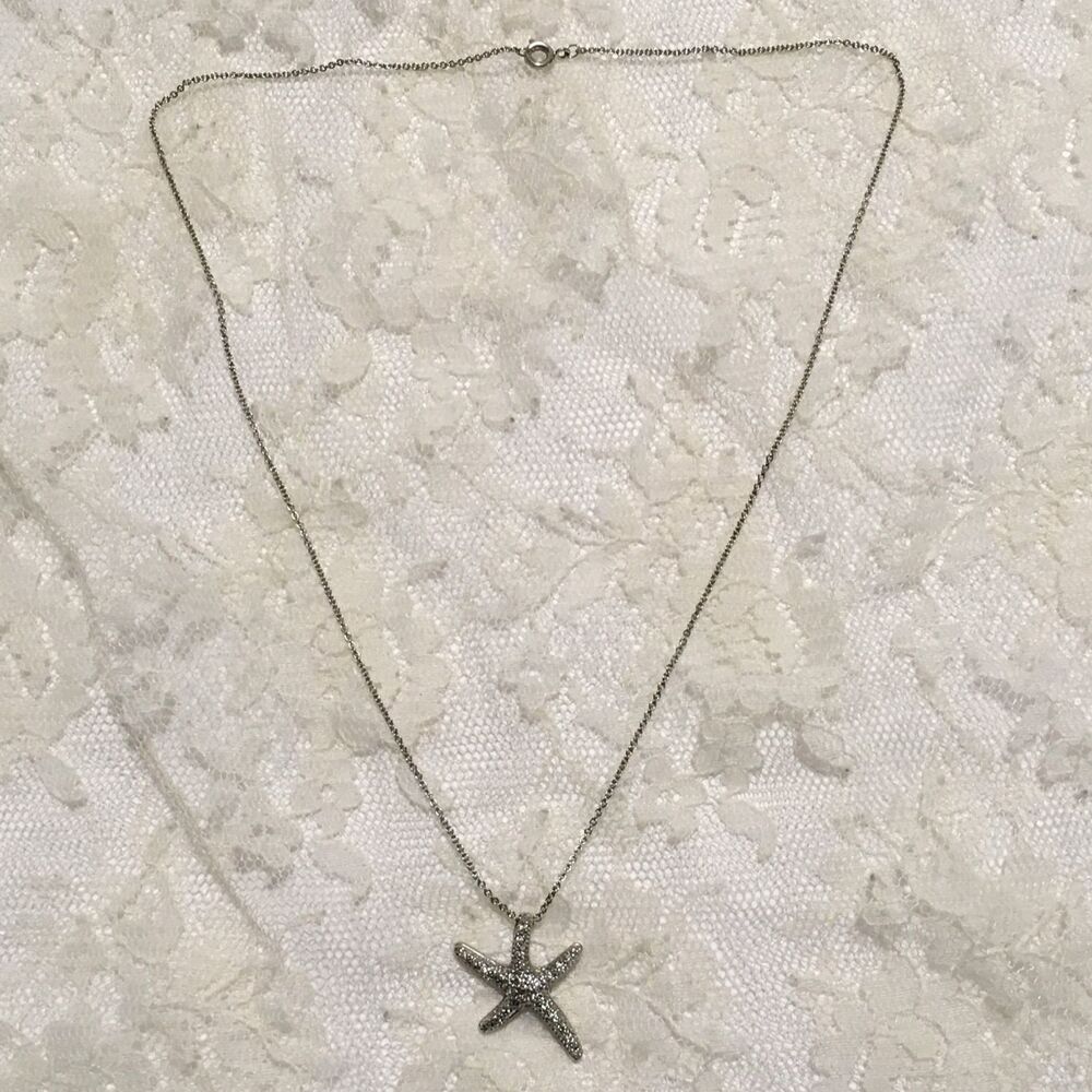 Silver tone Starfish Pendant Necklace Clear Rhinestones Sea Beachy